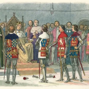 Arundel, Gloucester, Nottingham, Derby and Warwick before the King Print 1387 Arundel, Gloucester, Nottingham, Derby and Warwick before the King Print 1387