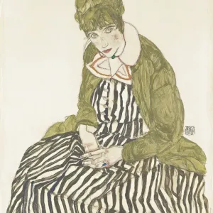 Edith Schiele in Striped Dress, Seated Print 1915 Edith Schiele in Striped Dress, Seated Print 1915