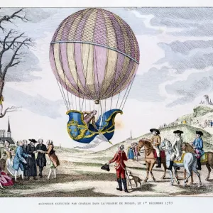 Print of a hydrogen balloon in flight over France Print of a hydrogen balloon in flight over France