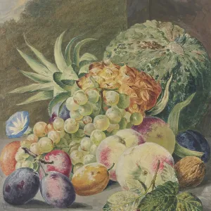 Escena de frutas, melón, piña, uvas, duraznos, ciruelas, nueces. Creador: Paul Theodor van Brussel Escena de frutas, melón, piña, uvas, duraznos, ciruelas, nueces. Creador: Paul Theodor van Brussel
