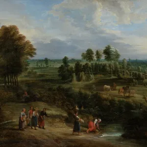 Print of a Dutch landscape with rolling hills and clusters of trees Print of a Dutch landscape with rolling hills and clusters of trees