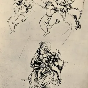 Leonardo da Vinci - Studies for a Madonna and Child with a Cat Print