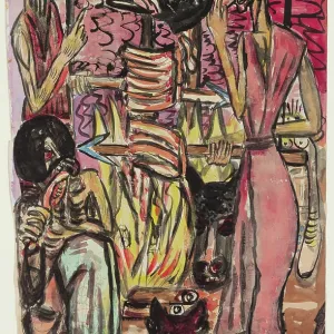 Max Beckmanns Werk untersucht die Natur der menschlichen Existenz. Seine Ausstellung beginnt mit den Grausamkeiten des Ersten Weltkriegs und einer Reihe von Krisen, denen Beckmann persönlich ausgesetzt war, wodurch seine Perspektive immer pessimistischer wurde. In den frühen 1930er Jahren zwangen politische Kräfte ihn dazu, seine Lehrtätigkeit aufzugeben, da sie sich gegen seinen modernen und konfrontativen Stil stellten. Durch intensive Verfolgung im späten 1930er Jahrhundert wurde Beckmann gezwungen, Deutschland zu verlassen und in Amsterdam das Elend des Zweiten Weltkriegs zu ertragen. Sein jahreszeitlicher Stil verstärkt das brutale Thema dieses Wasserfarbstudiums - die Grausamkeit der Menschen ist ein Vorstudie für einen Gemälde (Stephen Lackner Collection Santa Barbara California) , bei dem die Figur in eine offene Kannibalismus verwandelt wird . Max Beckmanns Werk untersucht die Natur der menschlichen Existenz. Seine Ausstellung beginnt mit den Grausamkeiten des Ersten Weltkriegs und einer Reihe von Krisen, denen Beckmann persönlich ausgesetzt war, wodurch seine Perspektive immer pessimistischer wurde. In den frühen 1930er Jahren zwangen politische Kräfte ihn dazu, seine Lehrtätigkeit aufzugeben, da sie sich gegen seinen modernen und konfrontativen Stil stellten. Durch intensive Verfolgung im späten 1930er Jahrhundert wurde Beckmann gezwungen, Deutschland zu verlassen und in Amsterdam das Elend des Zweiten Weltkriegs zu ertragen. Sein jahreszeitlicher Stil verstärkt das brutale Thema dieses Wasserfarbstudiums - die Grausamkeit der Menschen ist ein Vorstudie für einen Gemälde (Stephen Lackner Collection Santa Barbara California) , bei dem die Figur in eine offene Kannibalismus verwandelt wird .