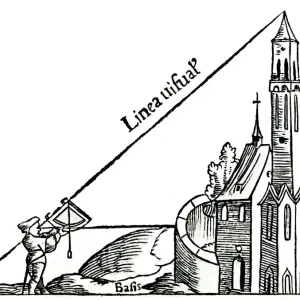 Print of a 16th-century quadrant with plumb bob and tower Print of a 16th-century quadrant with plumb bob and tower