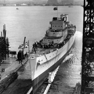 Print of HMS Dido Launch at Cammel Lairds Shipyard Print of HMS Dido Launch at Cammel Lairds Shipyard