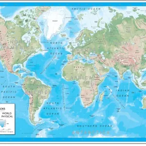 Physical World Map Print - A Van Der Grinten Projection Physical World Map Print - A Van Der Grinten Projection