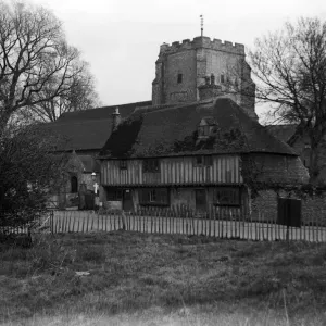 1925 Print of Old Cottages and Church 1925 Print of Old Cottages and Church