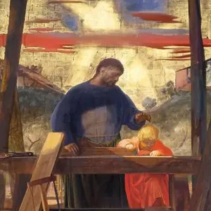 Altarbild des Heiligen Josef der Arbeiter, von Pietro Annigoni in der Basilika San Lorenzo in Florenz, Italien.
