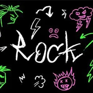 Grunge Rock Print with Green and Pink Doodle Elements