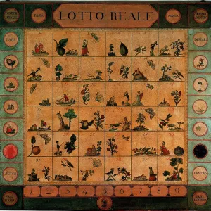 Tavola in legno dipinta e laccata con il gioco del 'Lotto Reale' italiano del Settecento.
