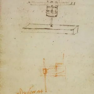 Leonardo da Vincis Zeichnung von Maschinen mit Bohrwerkzeugen aus dem Codice Forster III, Blatt 28v Leonardo da Vincis Zeichnung von Maschinen mit Bohrwerkzeugen aus dem Codice Forster III, Blatt 28v