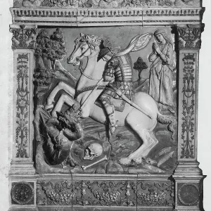 St George and the Dragon. Glazed terracotta by Andrea della Robbia in the Parish Church of Santa Maria and San Giorgio in the Parish Church of Brancoli, in the province of Lucca St George and the Dragon. Glazed terracotta by Andrea della Robbia in the Parish Church of Santa Maria and San Giorgio in the Parish Church of Brancoli, in the province of Lucca