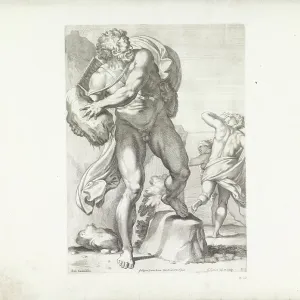 Polyphemus throws a stone at Acis, an etched print