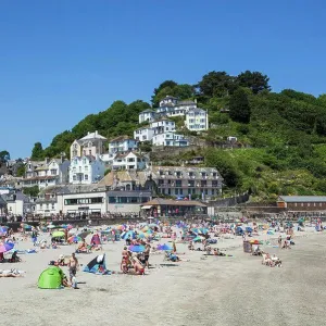 Looe Beach Print: Tourists on the Cornish Coast