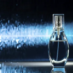 Botella de perfume sobre fondo azul abstracto.
