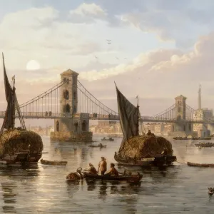 The First Hungerford Suspension Bridge Print, 1845 The First Hungerford Suspension Bridge Print, 1845