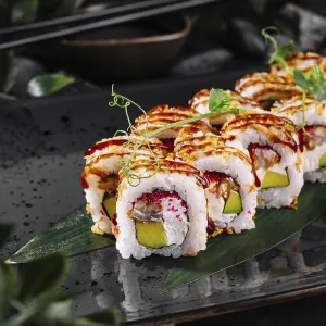 Delicious Sushi Rolls Print with Eel and Tobiko Caviar Delicious Sushi Rolls Print with Eel and Tobiko Caviar
