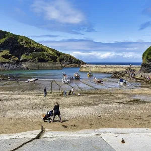 Pedestrians in Harbour at Low Tide Print, Cornwall, England Pedestrians in Harbour at Low Tide Print, Cornwall, England