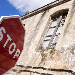 Stop Sign in Front of Old Ruins Print, Andalucia, Spain Stop Sign in Front of Old Ruins Print, Andalucia, Spain