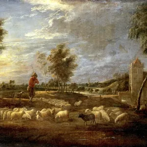 Paisaje de atardecer con un pastor y su rebaño. Paisaje de atardecer con un pastor y su rebaño.