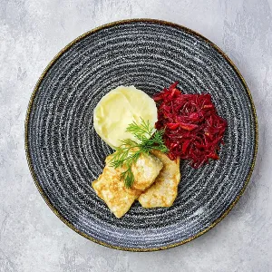 Top View Print of Fried Hake with Mashed Potato and Beetroot Top View Print of Fried Hake with Mashed Potato and Beetroot