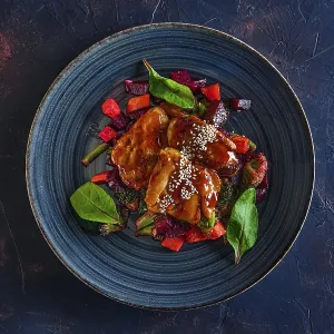 Top View of Roasted Pike Print with Beetroot and Vegetables