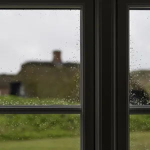 Vue à travers les vitres avec des gouttelettes de pluie qui s'accumulent.