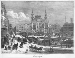 Drucke von MAYSON BEETON SAMMLUNG. Neuer Garten in Leicester Square, Eröffnet am Donnerstag, dem 2. Juli 1874, London. Holzschnitt Victoriana Drucke: Leicester Square, London 1874 N060028