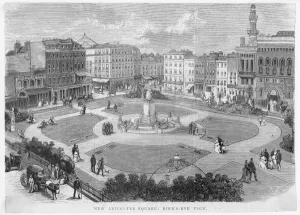Drucke von MAYSON BEETON SAMMLUNG. Neuer Leicester Square: Vogelperspektive, London. Holzschnitt, 1874 Victoriana Drucke: Leicester Square, London 1874 N060029