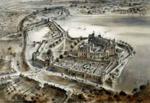 Zeichnungen Drucke: Kenilworther Schloss um 1575, GPS-koordinaten: 50°35′ N, 1°34′ W (J940479)
