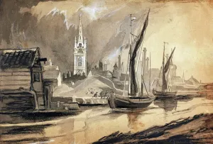 Drucke von Faversham, Kent. Fischerboote ankernden entlang der Faversham Creeks mit dem Turm von Mariens Kirche im Hintergrund. Wasserfarbenmalerei von Charles George Harper. Datierungszeitraum: 1892-1933 Aquarellbilder Drucke: Faversham, Kent CGH01_01_1119