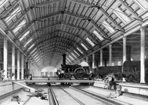 Drucke von Die Dampfmaschinenhalle, Great Western Railway Werks, Swindon im Wiltshire. 1846 Innenansicht. Lithografie von John Cooke Bourne (1814-1896) Victoriana Drucke: Batteriehaus, GWR Werks, Swindon BB94_04685