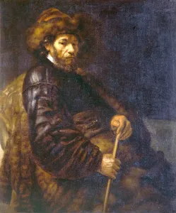 Drucke von BRODSWORTH HALL, South Yorkshire. Ein Sitzender Mann mit einem Stock nach REMBRANDT Rembrandt Drucke: Ein Sitzender Mann mit einem Stock K040875