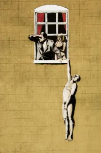 Drucke von Banksy Graffiti an der Seite eines Gebäudes in Park Street im Stadtteil Bristol Straßenkunst Graffiti Drucke: Stencilsgraffiti von Banksy N070360