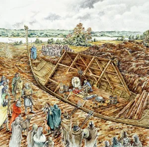 Drucke von Sutton Hoo, Woodbridge im Suffolk. Rekonstruktionszeichnung der Schifffahrt von Sutton Hoo aus dem Jahr 620 oder 630 - von Peter Dunn (Englische Erhaltungsbehörde Grafik-Team) Verkehr und Wasserstraßen in England – Eisenbahnen, Kanäle und Straßen: Schiffgrab Sutton Hoo, Grab 910330