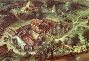 Drucke von LULLINGSTOHN Römische Villa im郡 Kent. Rekonstruktionszeichnung von Alan Sorrell, die den möglichen Erscheinungsbild der Villa um das Jahr 360 n. Chr., mit dem Tempelmauern hinten zeigt Stil Drucke: Die Lullingstones Römische Villa J910044