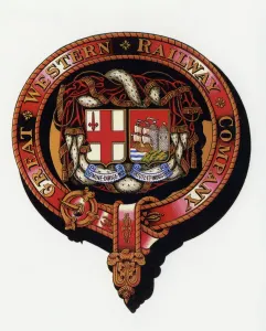 Drucke von Die Große Westliche Eisenbahn- Wappenschale, auch als Kragenwappen bekannt. Um den Original-Wappen kann man eine Bänderung sehen die Stadt-Schilder von London (links) und Bristol (rechts) Kunstwerke Und Dokumente Drucke: Wappen der GWR