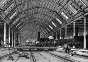 Drucke von Ein schwarz-weißes Lithografien von der Swindon Engine Shed von J. C. Bourne aus dem Jahr 1846 Kunstwerke Und Dokumente Drucke: Schweinshelderei Schuppen von JC Borne, 1846
