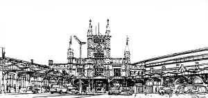 Drucke von Dieser Zeichner von Bristol Temple Meads Bahnhof wurde vom britischen Künstler Ken Howard geschaffen Kunstwerke Und Dokumente Drucke: Bristoler Tempel Meadens Zeichnung von Ken Howard