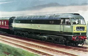 Drucke von Dieses farbige Zeichnen von der britischen Eisenbahngeschäftsstelle D 1743 Dieselelektrizitätsmotor kommt aus dem Vorderseite eines Souvenir-Heft, das die Benennungszeremonien für zwei Loks feiert Kunstwerke Und Dokumente Drucke: Farbige Zeichnung von Dieselelektrizitätslastwagen D1743, um 1962
