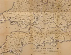 Drucke von Die Karte der GWR aus dem Jahr 1850, nach einem Bericht zu 'The Key to Investments' - Die Große Westliche Eisenbahn. Der Verlauf der GWE ist hervorgehoben in Rot Kunstwerke Und Dokumente Drucke: Netzwerkplan der GWR aus dem Jahr 1850