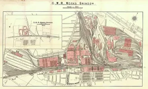 Drucke von Karte von Swindon Works mit den Büros, Werkstätten und Gleisen um das Gelände. Das Eingebettete Bild zeigt die Vergleichung zwischen dem Standort im Jahr 1846 und dem Standort der 1940er Jahre Kunstwerke Und Dokumente Drucke: Schwindon Werke Karte um 1940