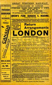 Drucke von Reiseveranstaltung zum Ostersonntag in London Paddington am 13. April 1909, enthält Details zu einem Fußballspiel im Park Royal zwischen Queens Park Rangers und Reading Kunstwerke Und Dokumente Drucke: Große Westliche Eisenbahn Ausflugsprogramm, 1909