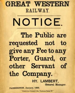 Drucke von Ein öffentlicher Hinweis der GWR von dem Generalmanager Henry Lambert, den Mitarbeitern zu Gebühren nicht zuzulassen Kunstwerke Und Dokumente Drucke: Achtung, GWR-Nachricht 1888