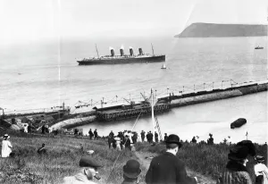 Drucke von Ankunft der Maurentania aus New York Ort Drucke: GWR Hafen und Anleger Fischgard, 1909