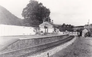 Drucke von Eine Aussicht auf das Bahnhof Aschton im Teign Valley Line, Devon um die Jahrzehnte 1950er. Das Bahnhofsgebäude wurde 1882 eröffnet und schloss sich den Fahrgästen am Juni 1958 Bahnhöfe In Devon Drucke: Ashtons Bahnhof, Devon, um die 1950er Jahre