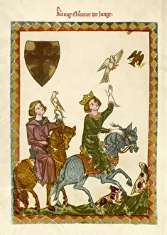 Medieval Hunting Scene Drucke: 13th Cent Hawking