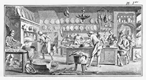 Drucke von Mehrere Köche arbeiten in einer französischen Küche, um Pies und Pasteten zuzubereiten und zu backen, eine Art Hase- und Vogelpie, vielleicht Taubenpfeffer Küche Drucke: 18. Jahrhundert französische Küche
