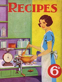 Drucke von Eine Frau steht vor einem Küchenschrank oder Spülbecken und probiert neue Rezepte aus. Beim Arbeitsdienst ist ein Handbetriebenes Fleischklopfer befestigt. Datum: ca 1930 Küche Drucke: Frau im Jahrzehnt der 1930er kocht im eigenen Haushalt