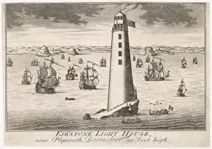 Drucke von Die zweite (holzene) Eddyston-Feuerwanne nahe Plymouth im Devon wurde von Rudyerdt erbaut; sie ist fast 30 Meter hoch, wird aber durch Feuer im Jahr 1755 zerstört werden Plymouth Drucke: Zweite Eddyston Felsenleuchte